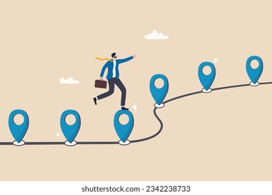 Roadmap, project milestone or business journey achievement, workflow or process timeline to success, step planning or progress concept, businessman run on milestone location pin on business roadmap.