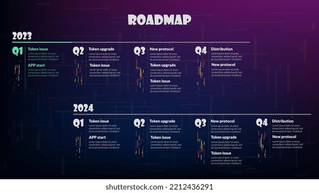 Roadmap with quarterly sections on dark purple background. Infographic timeline template for business presentation. Vector illustration.