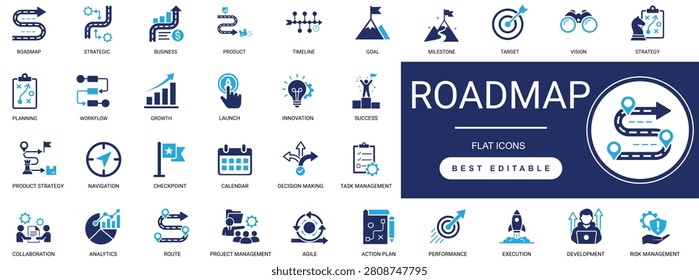 Roadmap solid icon set featuring business strategy, planning, timeline, navigation, direction, milestones, project management, and workflow. Editable vector illustration collection.