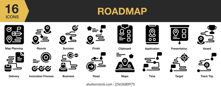 Roadmap solid icon set. Includes planning, success, application, target, trip, and More. Solid icons vector collection.