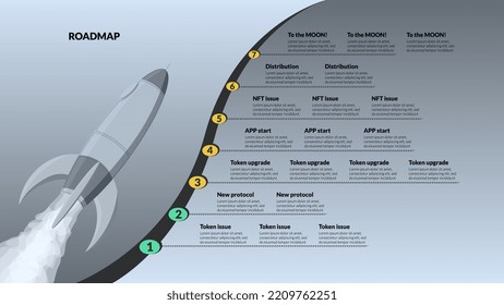 Roadmap with space shuttle and sections on silver background. Infographic timeline template for business presentation. Vector illustration.