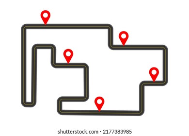 Roadmap template with red map pins signs. Delivery, journey, travel plan infographic concept isolated on white background. Vector flat illustration.