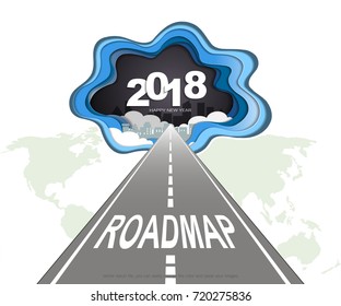 Roadmap timeline infographic, Presentation of project ambitions, 2018 happy new year concept, Symbols of beginning and celebration, Trendy template inspiration for your design (Paper art style)