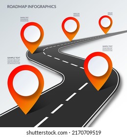 Roadmap timeline infographic template with 5 pin pointers on the way. Vector illustration. 