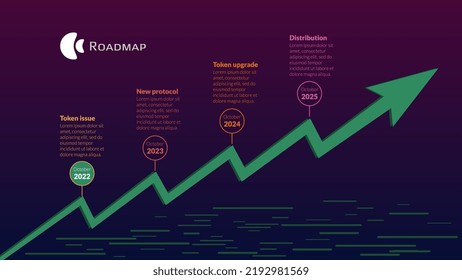 Roadmap With Upward Trend Arrow And Colored Stages On Dark Purple Background. Timeline Infographic Template For Business Presentation. Vector.