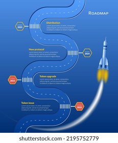 Roadmap with winding road and stop signs on stages on blue background. Flying spaceship with long trail. Infographic timeline template for presentation. Vector illustration.