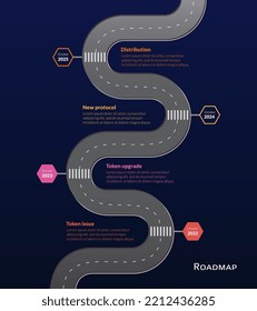 Roadmap with winding road and stop signs on stages on dark blue background. Vertical infographic timeline template for business presentation. Vector illustration.