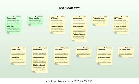 Roadmap from yellow and green stickers with curled corner and shadows on light background. Infographic timeline template for business presentation. Vector illustration.