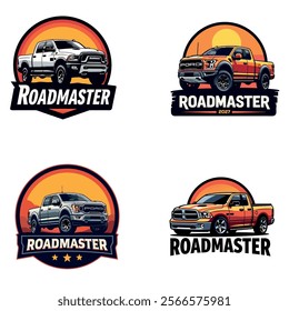 Roadmaster logo with a rugged pickup truck and mountain background, perfect for off-road adventure branding, vehicle merchandise, and outdoor lifestyle promotions