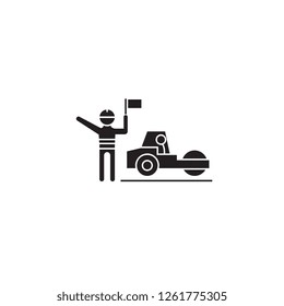 Roadroller working black vector concept icon. Roadroller working flat illustration, sign