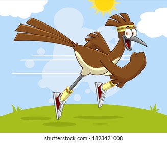 Roadrunner Bird Cartoon Character Jogging. Vector Illustration With Landscape Background