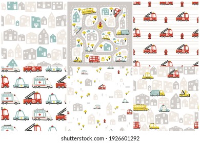 Roads and cars. Nurseri set of patterns for baby textiles, fabrics or packaging. Vector seamless backgrounds with simple hand drawn doodle illustrations in cute cartoon scandinavian style.