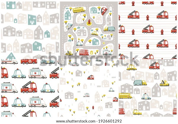 Roads and cars. Nurseri set of patterns for baby
textiles, fabrics or packaging. Vector seamless backgrounds with
simple hand drawn doodle illustrations in cute cartoon scandinavian
style.