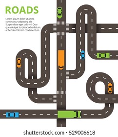 Roads With A Lot Of Cars And Trucks. Many Winding Roads With Traffic Jam. Vector Illustration For Web, Info Graphic And Graphic Design