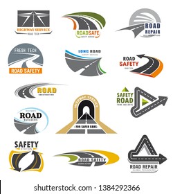 Roads construction company and transport communications safety service icons. Vector highway repair service, car and motor road or vehicle tunnels building global construction alliance