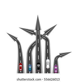 The roads in different directions. Cars. Destinations in the form of arrows. Abstract image. Vector illustration