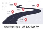 Roads and highways in perspective with geolocation points. A road path with various turns. The road connects the cities. Vector illustration