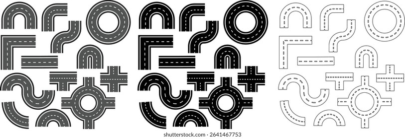 Roads and highways in perspective icon set. Road path with different bends. The road connects the cities road pieces in graphic style. Vector illustration collection isolated on transparent background
