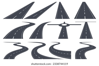 Carreteras y autopistas en perspectiva. Camino con curvas diferentes. La carretera conecta las ciudades. Ilustración del vector