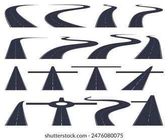 Roads and highways in perspective. Road path with different bends. The road connects the cities. Vector illustration