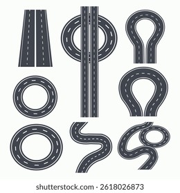 Roads and highways in perspective. Road path with different bends. The road connects the cities. Vector illustration
