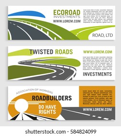 Roads And Highways Vector Banners With Motorway Lane And Expressway Drive. Set For Transportation Route Repair Service, Eco Road Construction And Building Or Investment Company