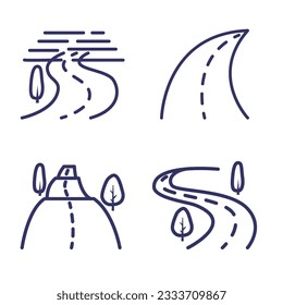 Roads icons set. Road forks icon. Road sections of different shapes. Line with editable stroke. Eps 10. Vector illustration.