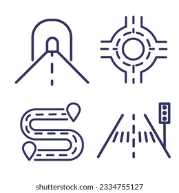 Roads icons set. Road forks icon. Road sections of different shapes. Line with editable stroke. Eps 10. Vector illustration.