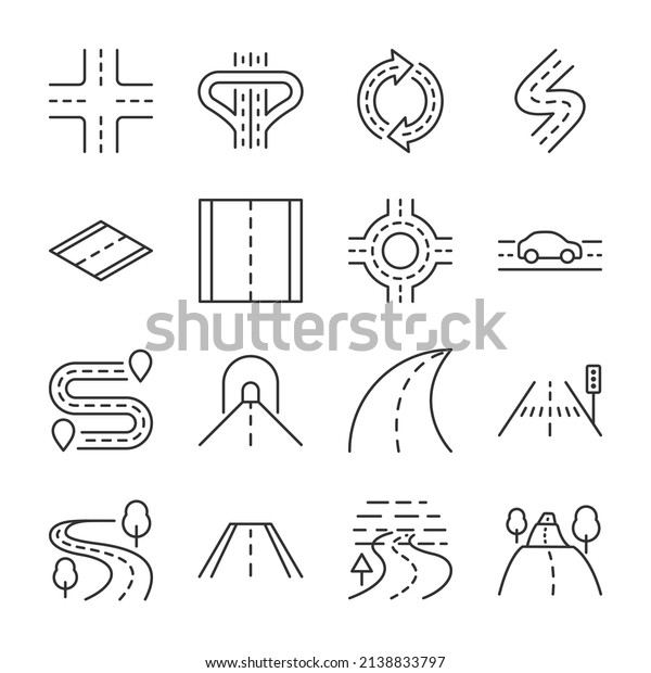 Roads icons set. Road forks icon.\
Road sections of different shapes. Line with editable\
stroke