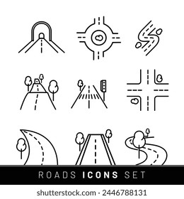 Roads icons set. Road sections of different shapes logo icon. Line with editable stroke