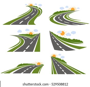 Roads and landscape logo set with cartoon style road and scenery with trees sun and clouds vector illustration