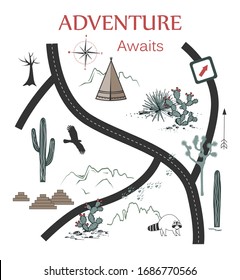 Roads, Mountains and Cacti Adventure Map. Design for print, tapestry or poster with native Americans tribal elements. Vector illustration