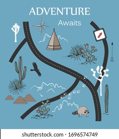 Roads, Mountains and Cacti Adventure Map. Design for print, tapestry or poster with native Americans tribal elements. Vector illustration