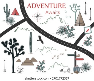 Roads, Mountains and Cacti Adventure Map Background. Design for print, tapestry or poster with native Americans tribal elements. Vector illustration