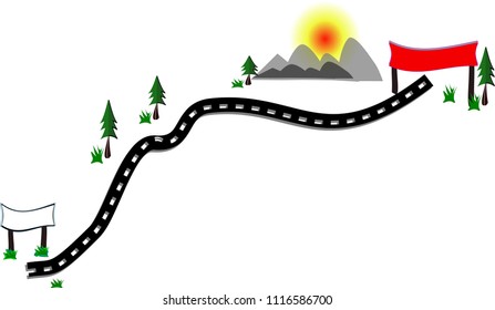 Roads, mountains and pine trees in the daytime. There is a sunrise and a banner ad floor. Vector art tree Can be used as a cartoon game. Create a scene for decorating 2d books or billboards.