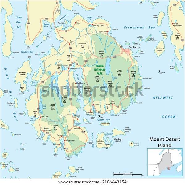 Roads and national park map of Mount Desert\
Island, Maine, United\
States