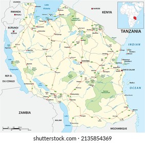 Roads And National Park Vector Map Of Tanzania