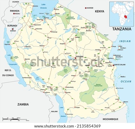 Roads and National Park Vector Map of Tanzania