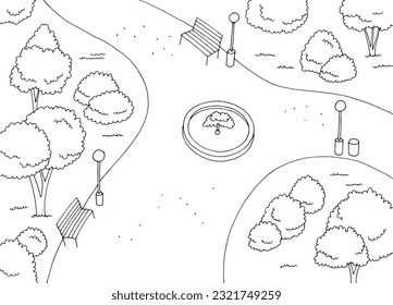 Straßen im Park Draufsicht, grafische schwarz-weiße Landschaft Skizze Vektorgrafik