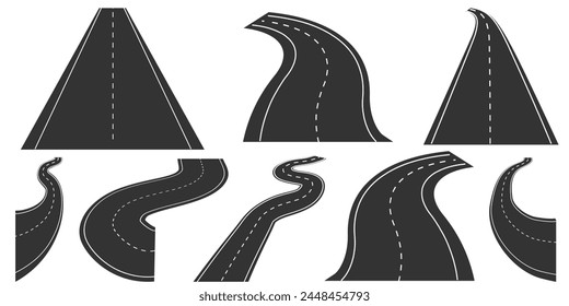 Roads in perspective, bended pathway road curved , highway isolated vector set