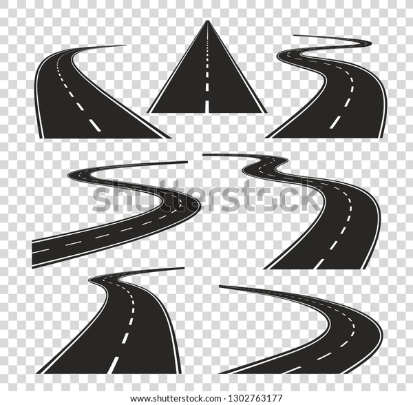 Roads in
perspective. Bended pathway road curved city street to horizon.
Journey asphalt highway isolated vector
set