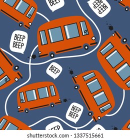 Roads with red buses, hand drawn backdrop. Colorful seamless pattern with transport. Decorative cute wallpaper, good for printing. Overlapping colored background vector