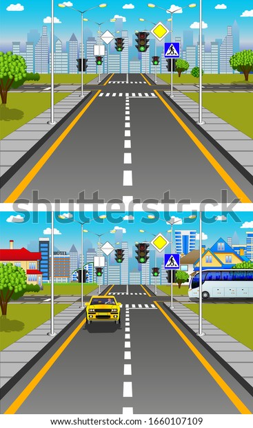 Roads set,\
city street with crosswalk and traffic lights. Beautiful landscape\
banner. Color vector\
illustration
