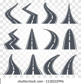 Roads set. Highway vector illustration on transparent baclground. Asphalt road, street icon.