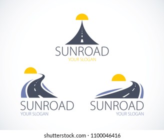 The roads to the setting sun, curved highways vector perfect design illustrations or logos set. Camping, travel and tourism themes, car or bus trip ride. Can be used as a road banners or billboards.