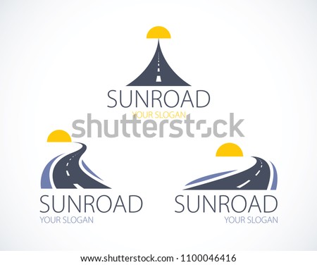 The roads to the setting sun, curved highways vector perfect design illustrations or logos set. Camping, travel and tourism themes, car or bus trip ride. Can be used as a road banners or billboards.