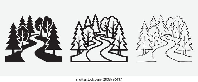 roads and trees in different styles for graphic design simple line drawings of forest landscapes with winding paths for creative projects