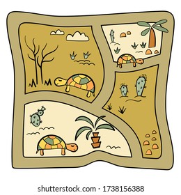 Roads with turtles, palm trees, cacti in Doodle style . A poster for children or a play surface, a maze . Hand drawn Vector illustration