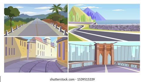 Roads vector illustration set. Country road, highway along seaside, narrow old city alley, city bridge. Travel or way concept