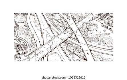 Roads view on top in Hand drawn sketch illustration in vector.